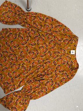 CAbi Mustard Floral Puff-Sleeve Blouse with Pink & Black Accents